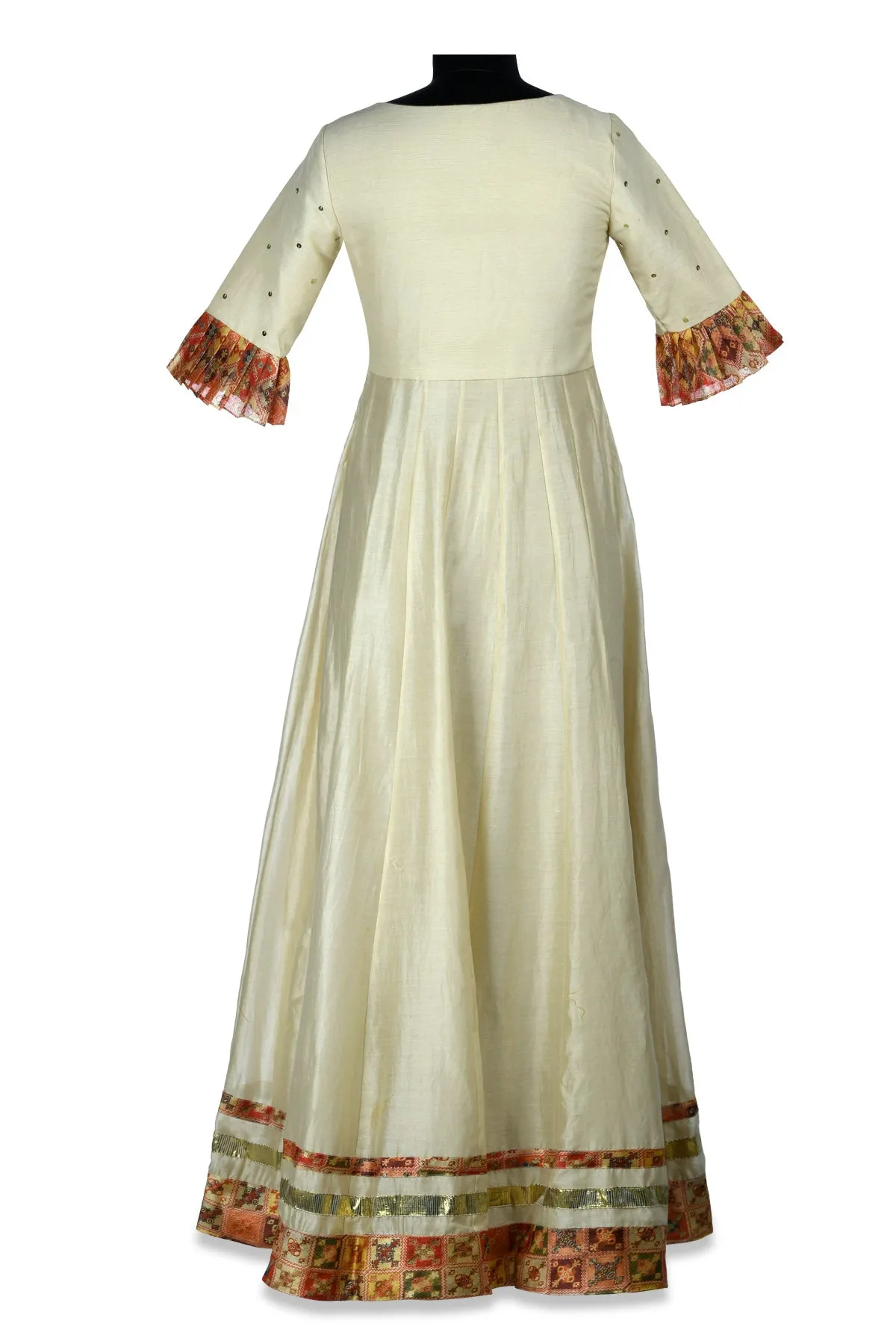 50Z172-RO Ivory Embroidered Chanderi Maxi Dress with Printed Borders