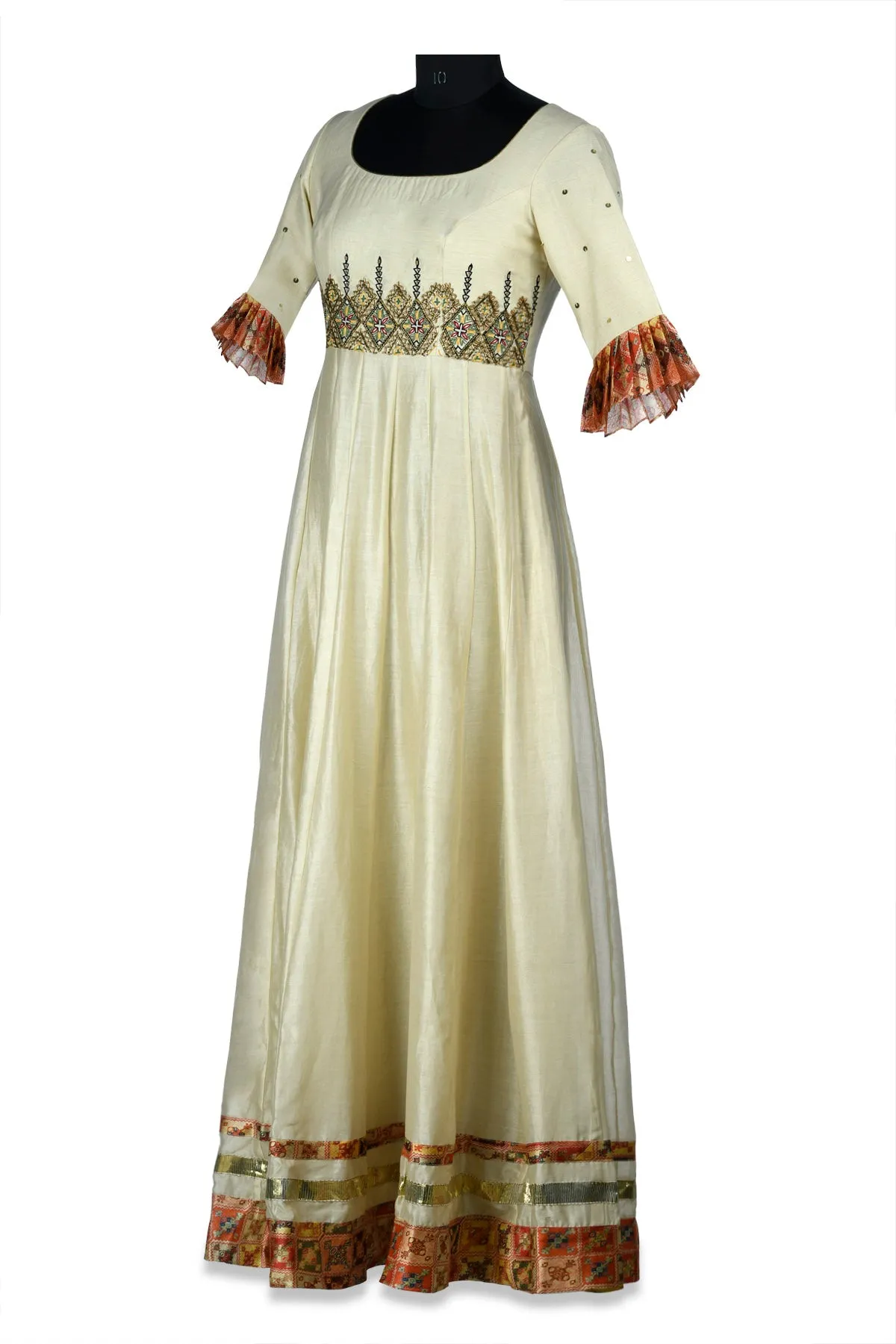 50Z172-RO Ivory Embroidered Chanderi Maxi Dress with Printed Borders