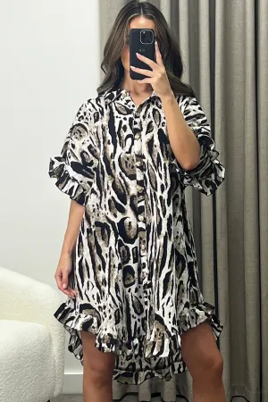 Alyssa White Leopard Print Plisse Pleated Frill Hem Shirt Dress