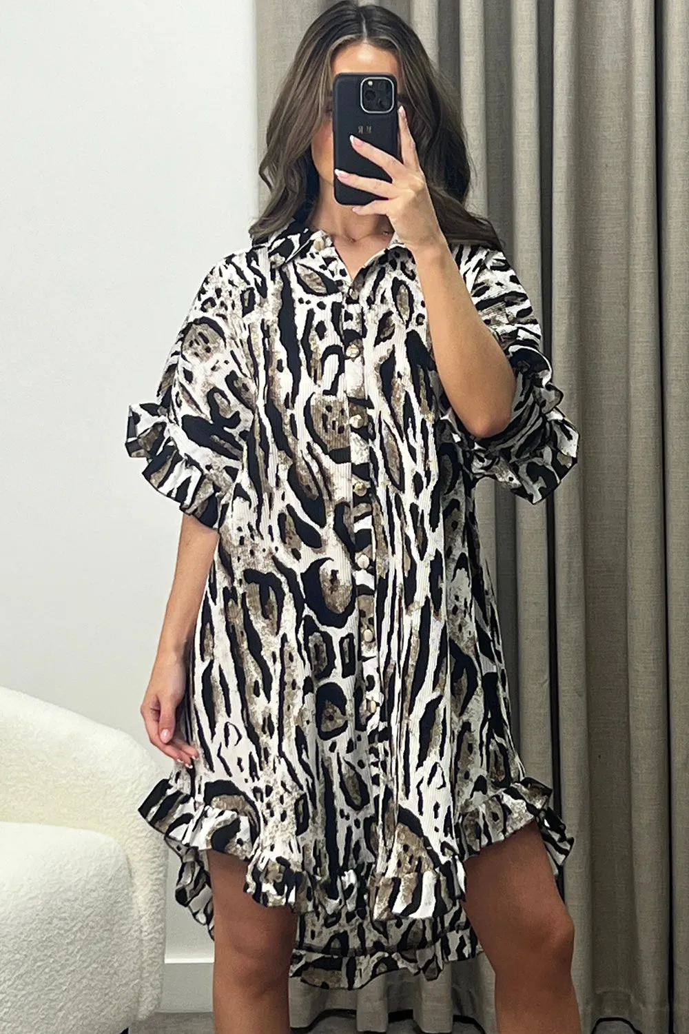 Alyssa White Leopard Print Plisse Pleated Frill Hem Shirt Dress