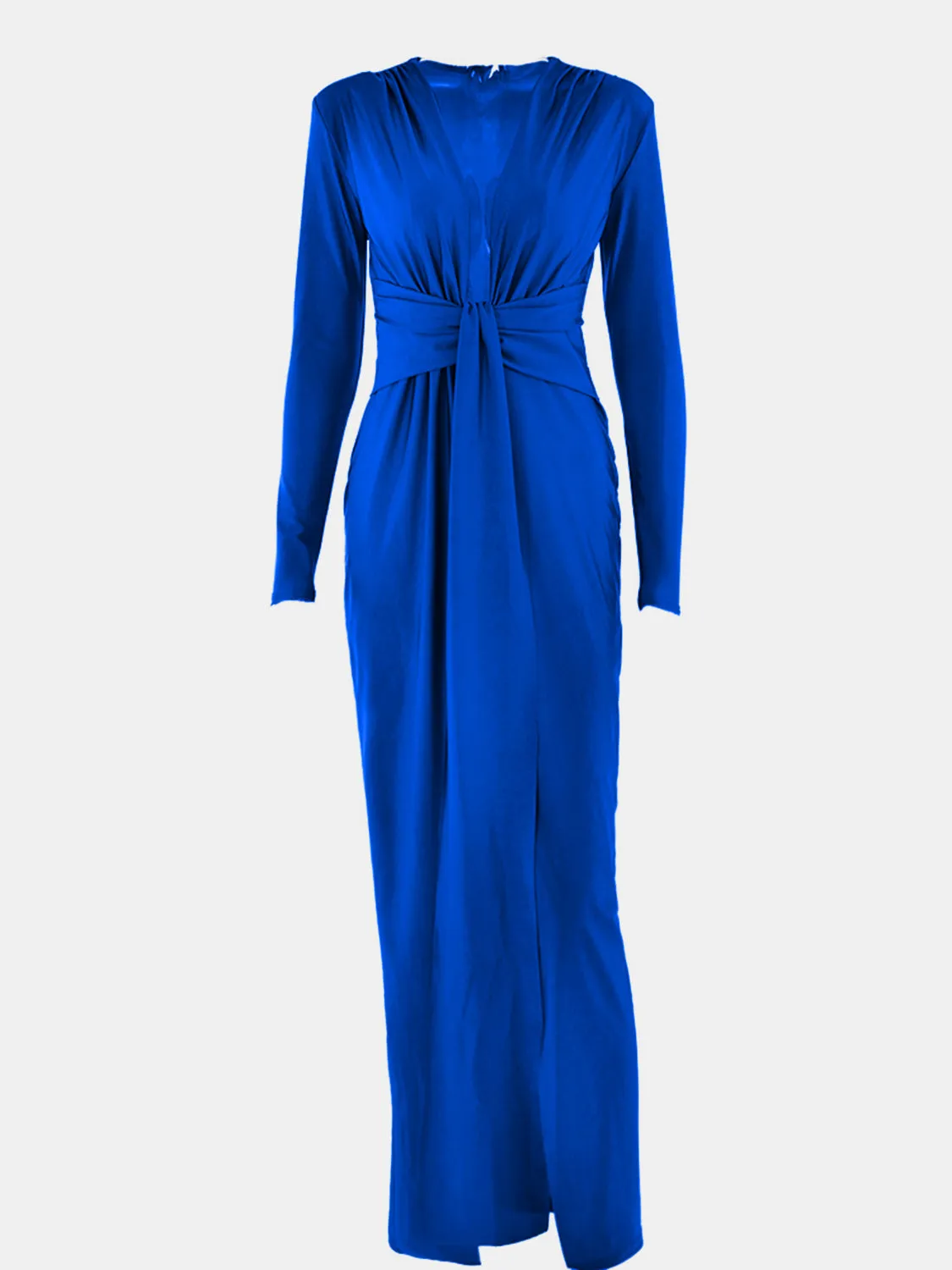 Beach Wedding Guest Attire for Women: Elegant Long-Sleeve Dress with Plunge Neckline and Ruched Slit