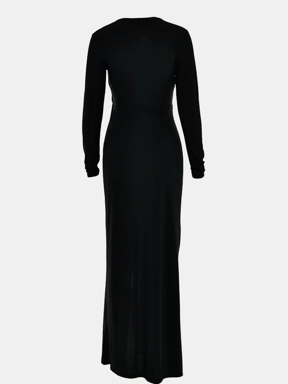 Beach Wedding Guest Attire for Women: Elegant Long-Sleeve Dress with Plunge Neckline and Ruched Slit