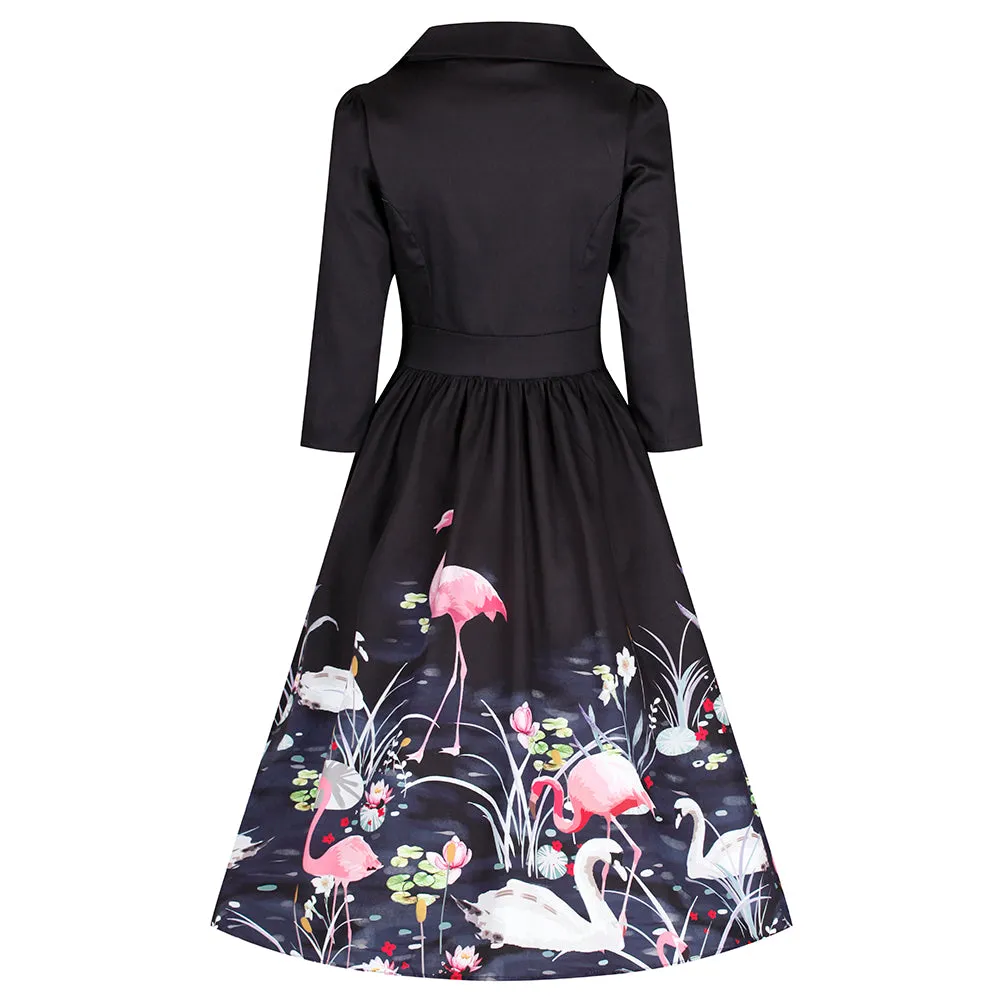 Black 3/4 Sleeve Swan and Flamingo Print 50s Swing Tea Dress