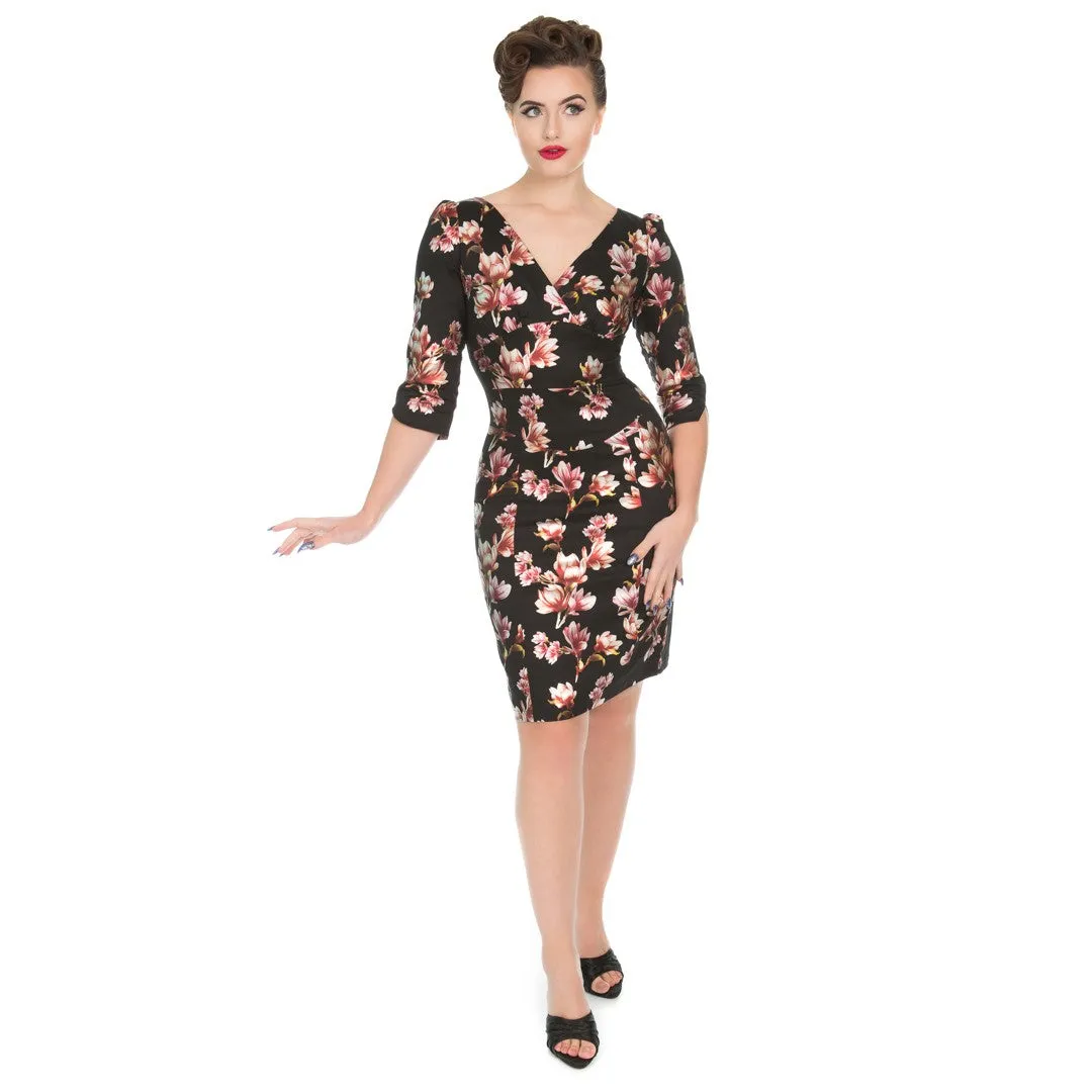 Black And Metallic Magnolia Print 3/4 Sleeve 50s Wiggle Dress