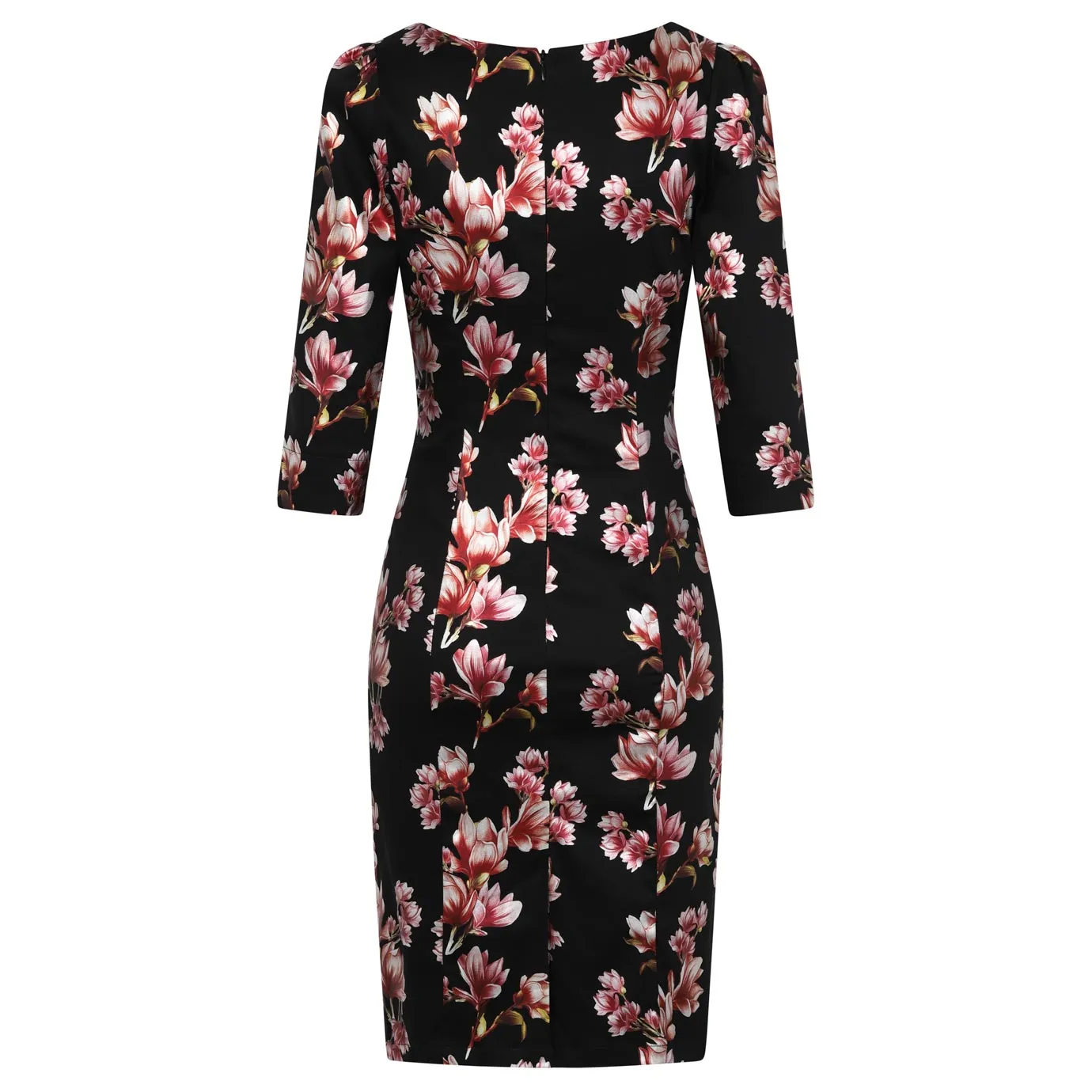 Black And Metallic Magnolia Print 3/4 Sleeve 50s Wiggle Dress