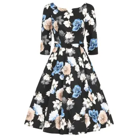 Black And Multi Floral Print 3/4 Sleeve 50s Swing Dress