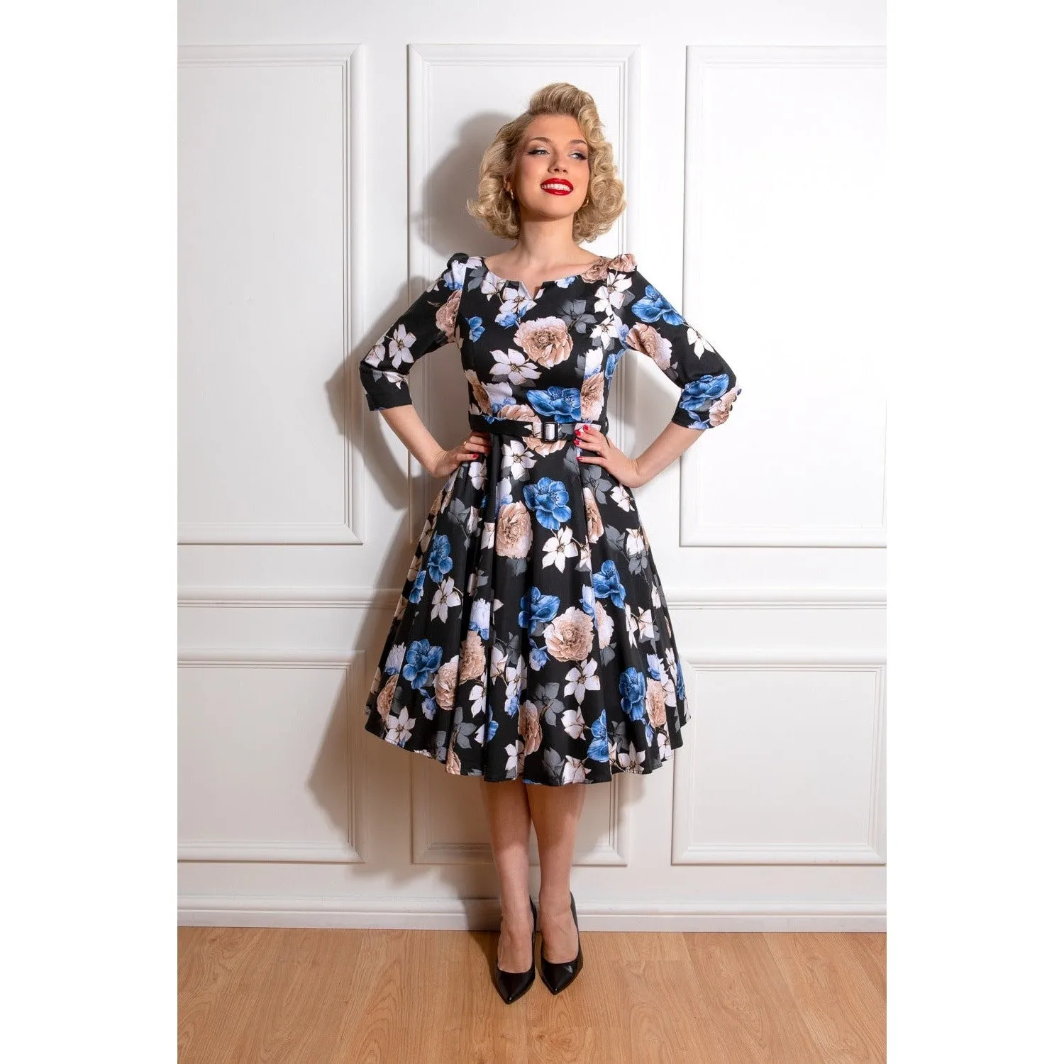 Black And Multi Floral Print 3/4 Sleeve 50s Swing Dress