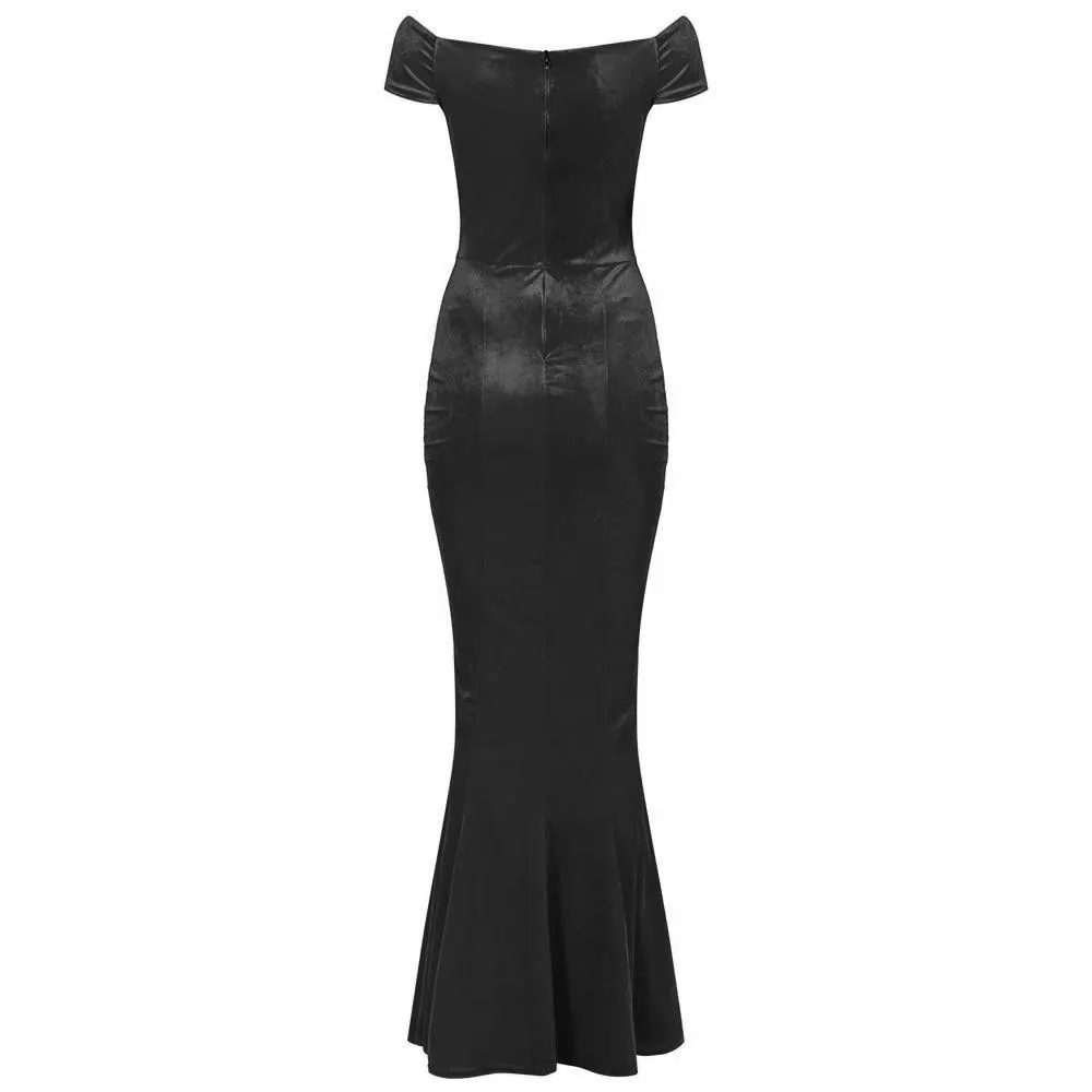 Black Cap Sleeve Crossover Bust Fishtail Hem Velour Maxi Dress