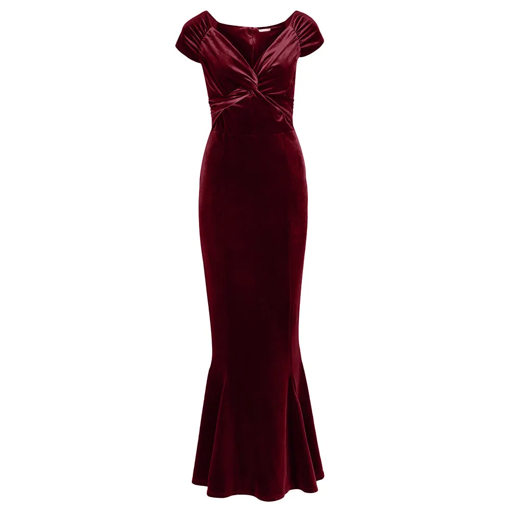 Claret Red Cap Sleeve Twist Bust Fishtail Hem Velour Maxi Dress