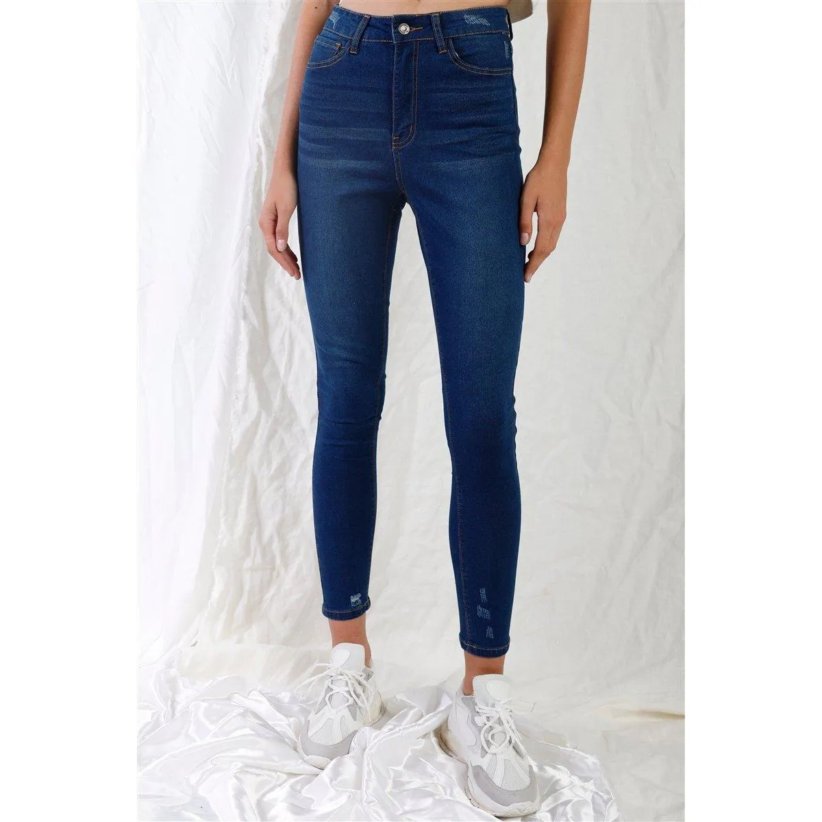 High-Waisted Dark Blue Ripped Skinny Denim Jeans