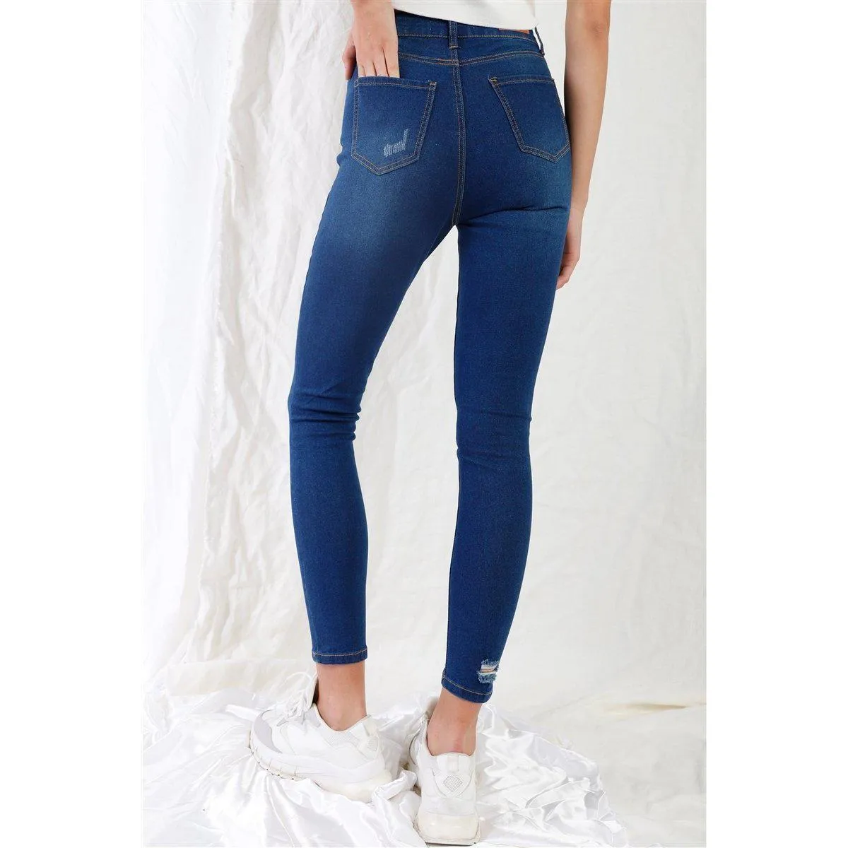 High-Waisted Dark Blue Ripped Skinny Denim Jeans