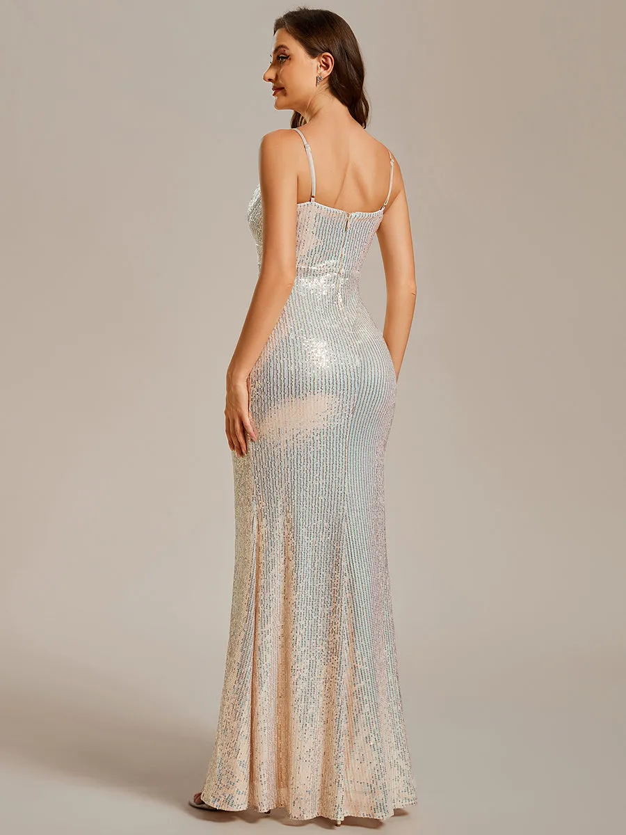 Elegant exquisite Empire Waist sequined V-neck fishtail cocktail side slit dress