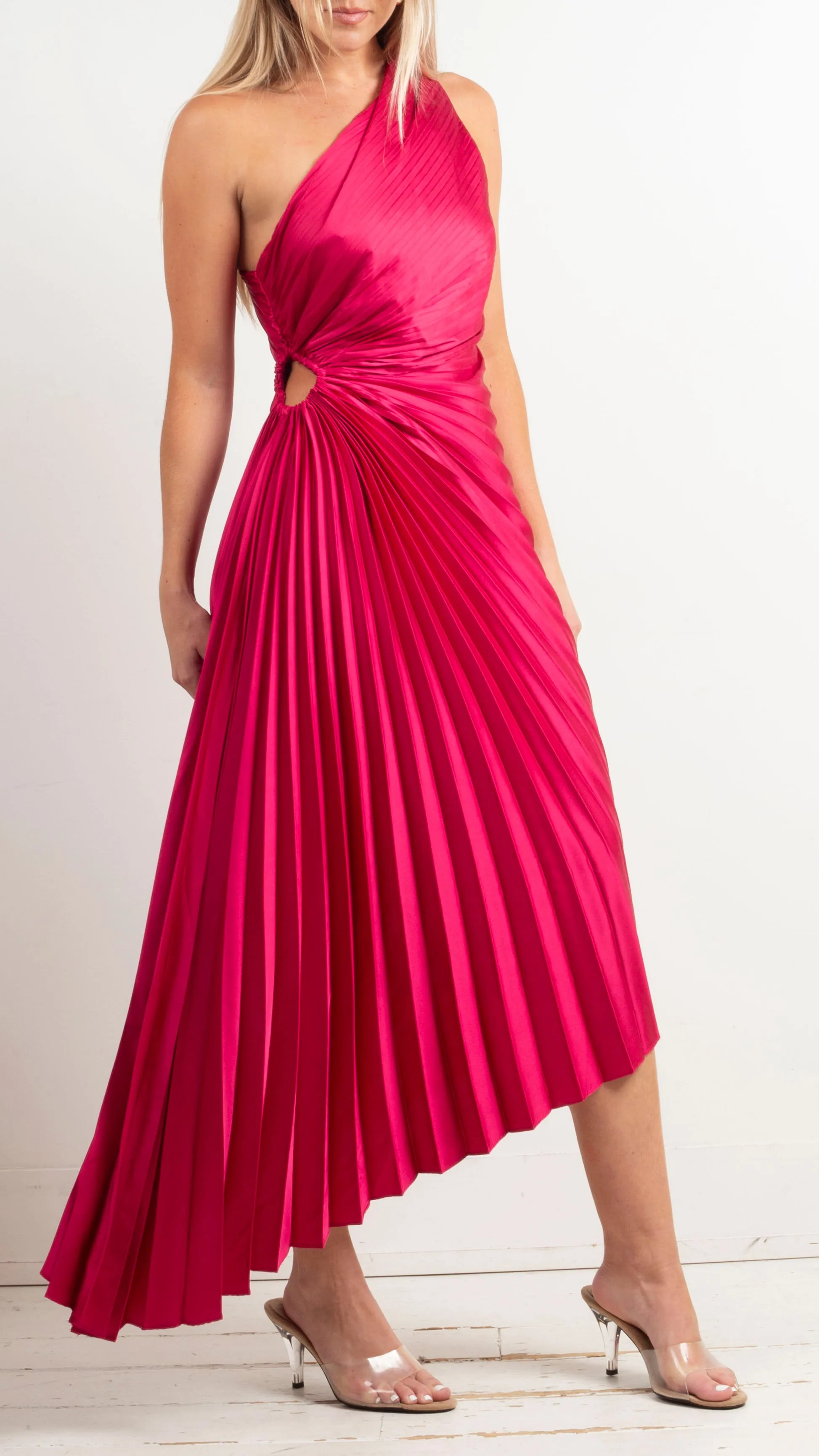 Fallon One Shoulder Pleated Maxi - Viva Magenta