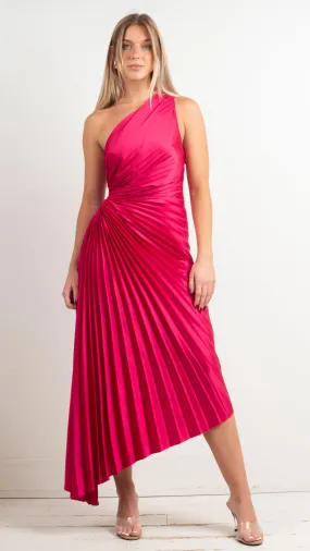 Fallon One Shoulder Pleated Maxi - Viva Magenta