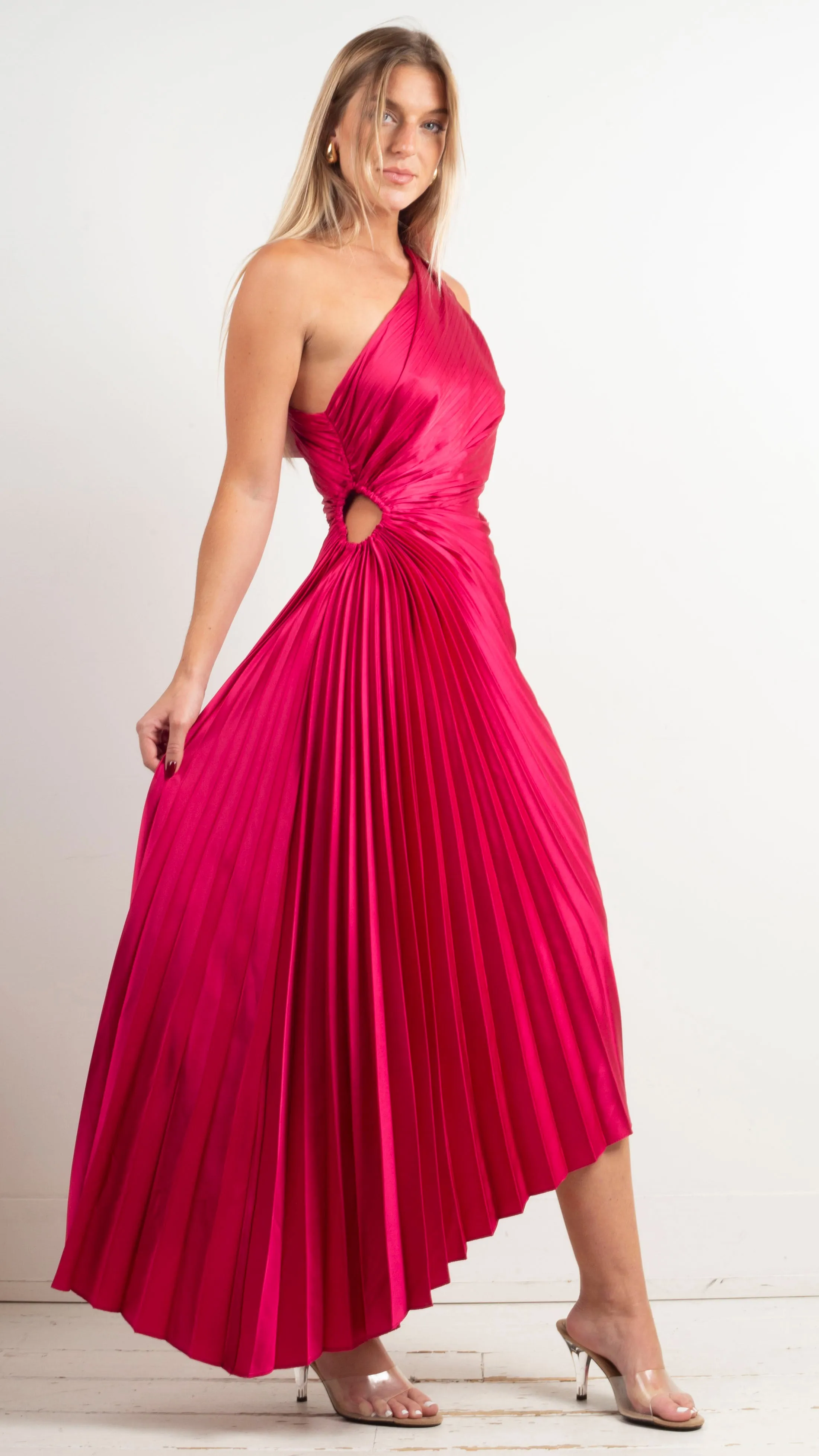 Fallon One Shoulder Pleated Maxi - Viva Magenta