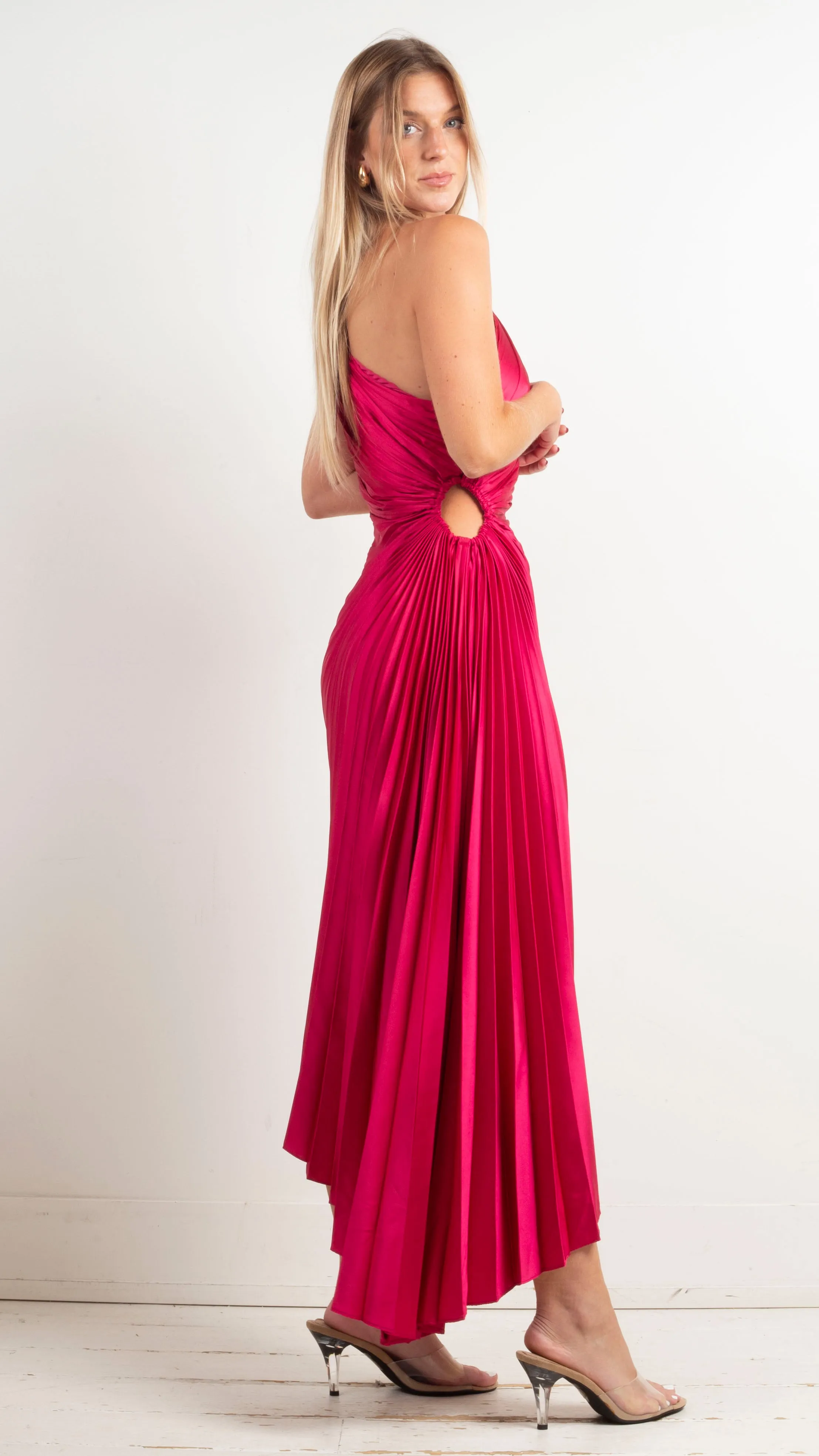 Fallon One Shoulder Pleated Maxi - Viva Magenta