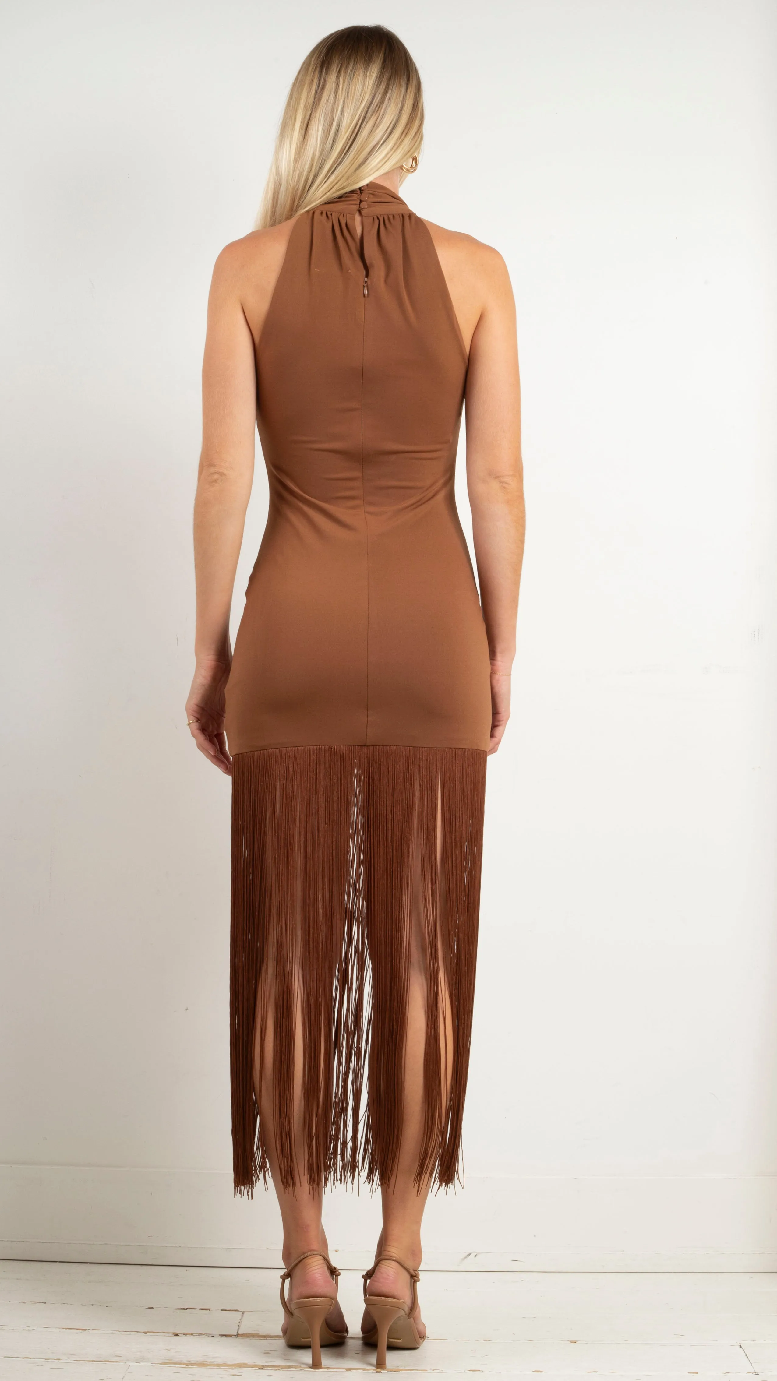 Hillary Fringe Halter Midi - Toffee