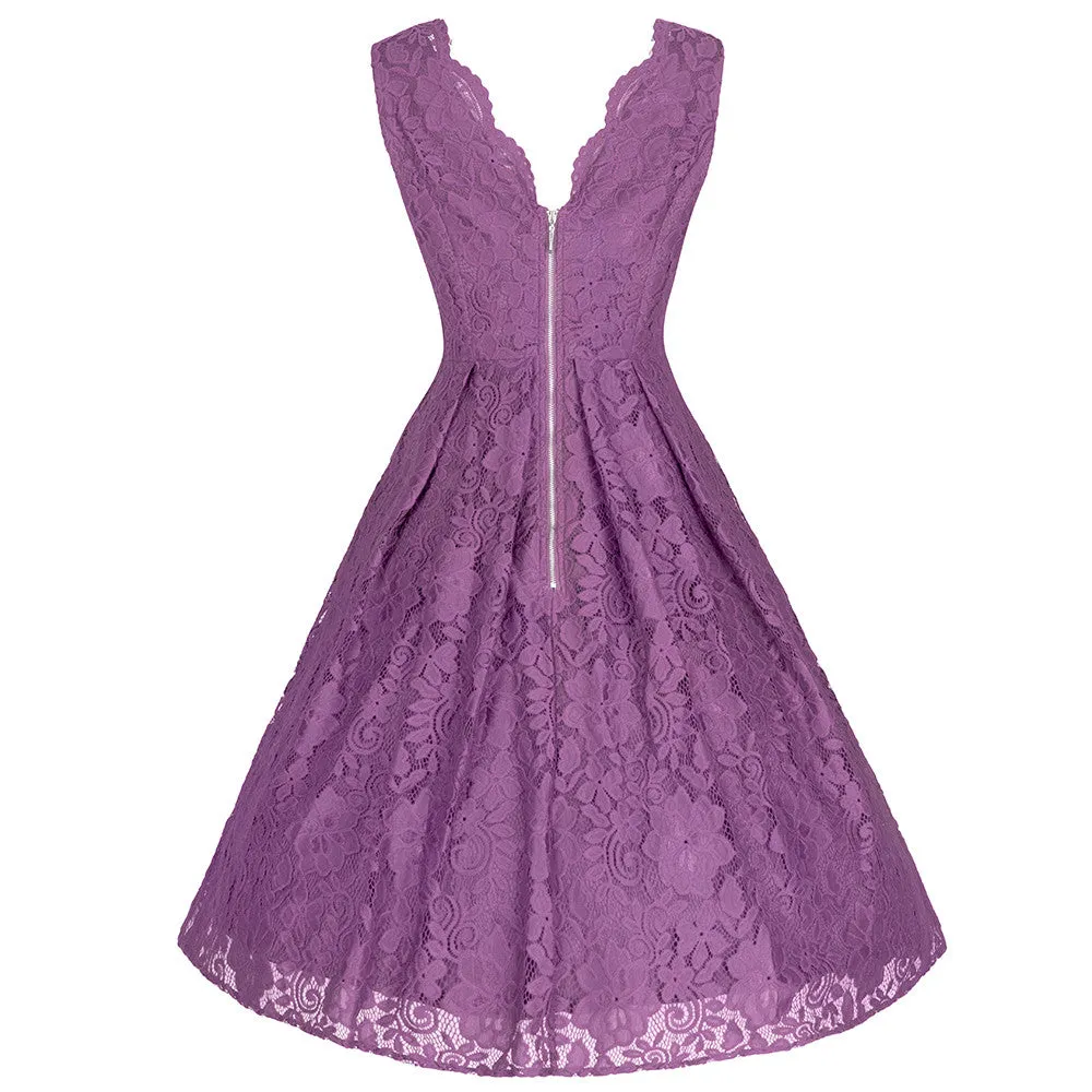 Jolie Moi Dark Mauve Purple Embroidered Lace Sleeveless V Neck 50s Swing Dress