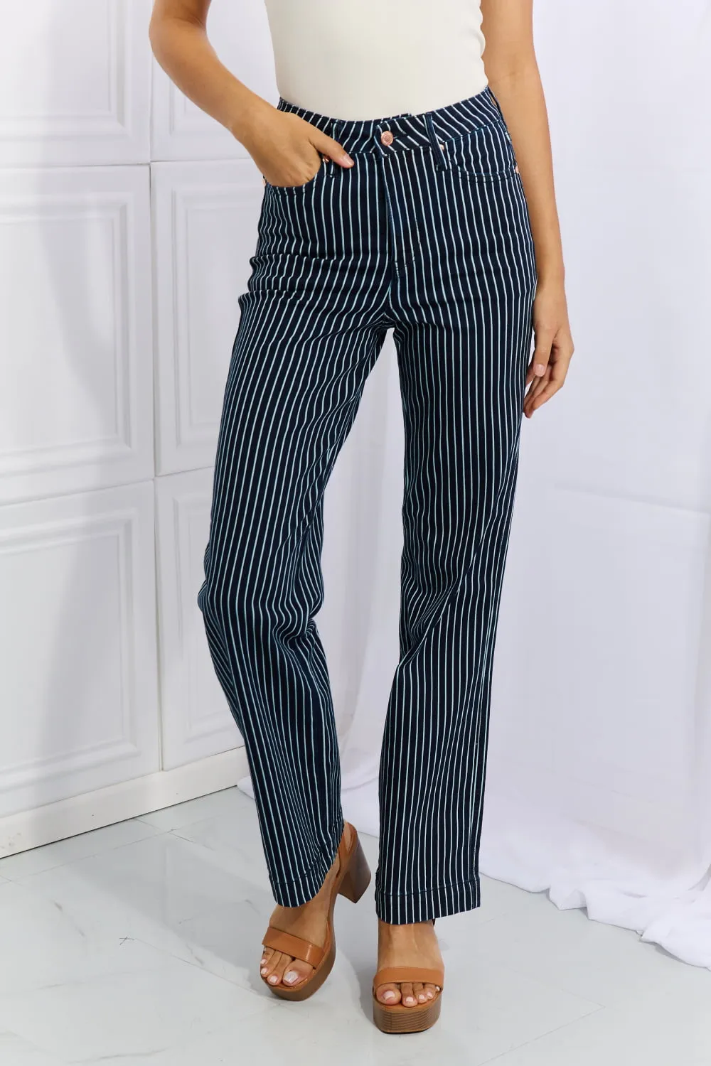 Judy Blue Cassidy Full Size High Waisted Tummy Control Striped Straight Jeans