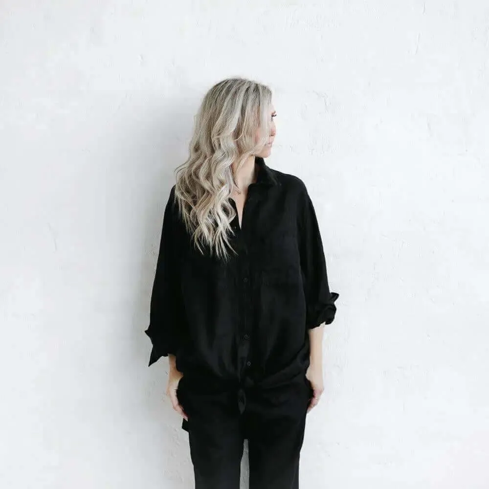 Linen boyfriend shirt in black by Seaside Tones