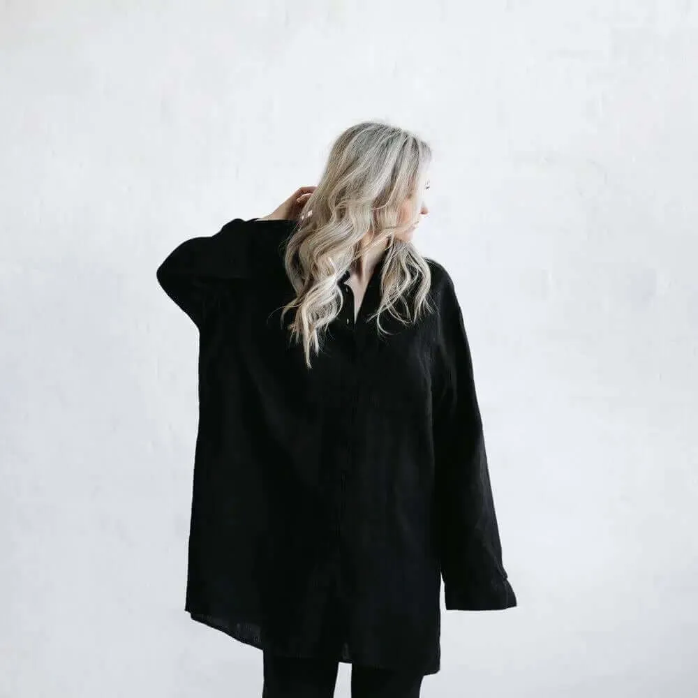 Linen boyfriend shirt in black by Seaside Tones