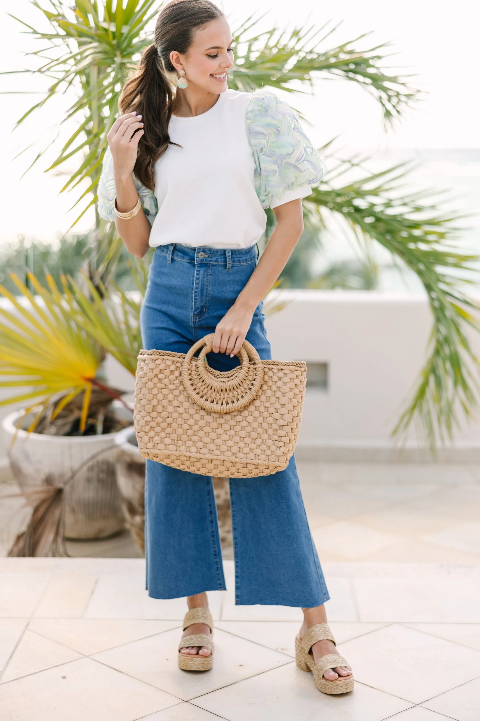 Live Your Life Off White Textured Green Sleeve Blouse