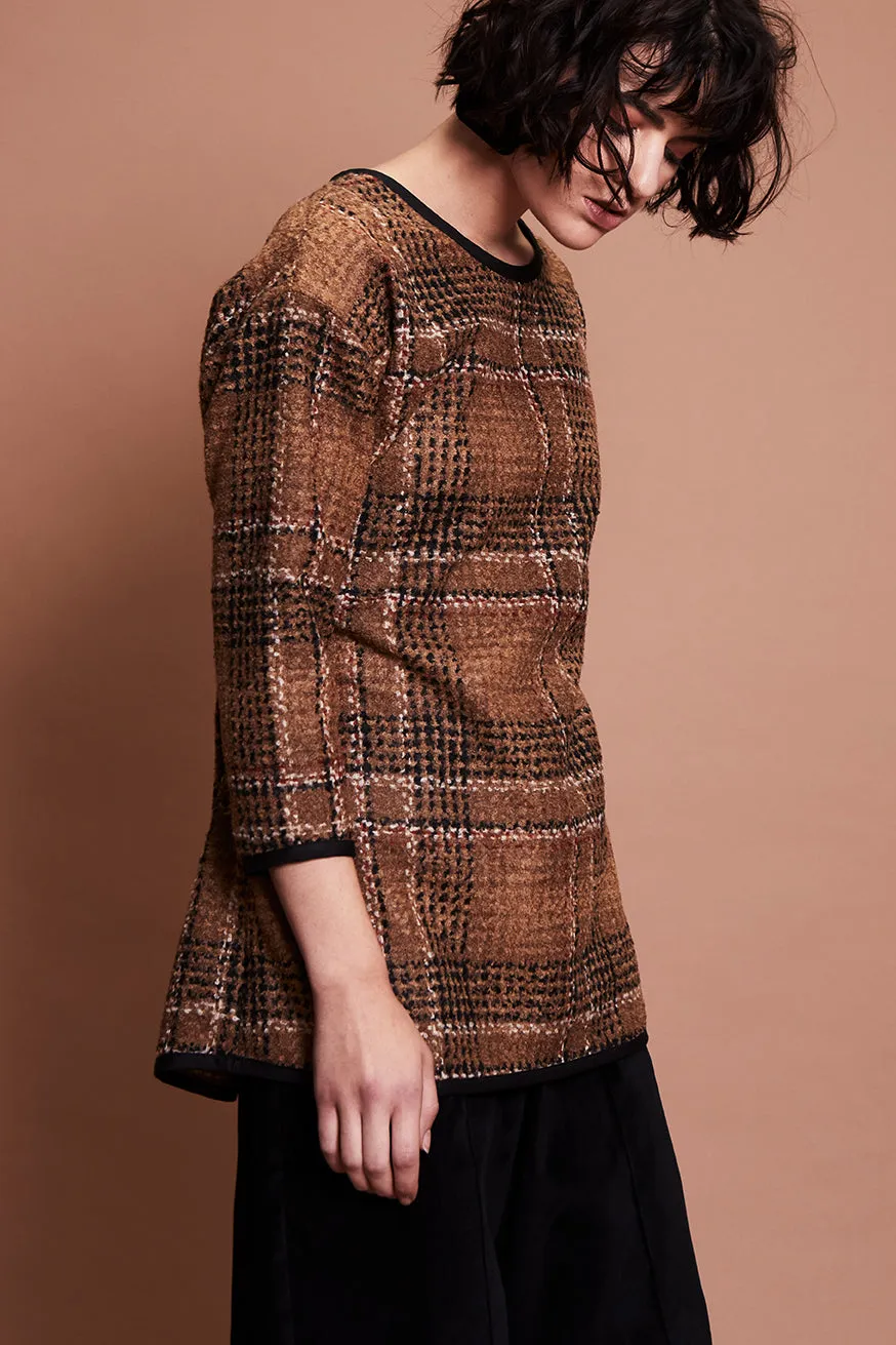 MASALA JUMPER [ Tan Brown Plaid Wool Blend, Waist Ties ]