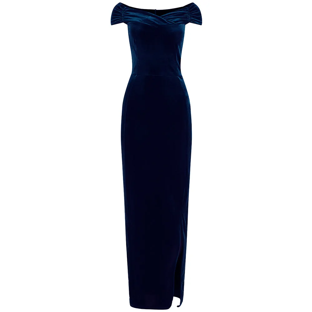 Navy Blue Velour Capped Sleeve Cocktail Party Maxi Dress