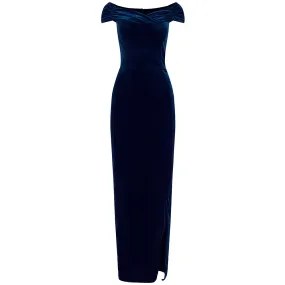 Navy Blue Velour Capped Sleeve Cocktail Party Maxi Dress