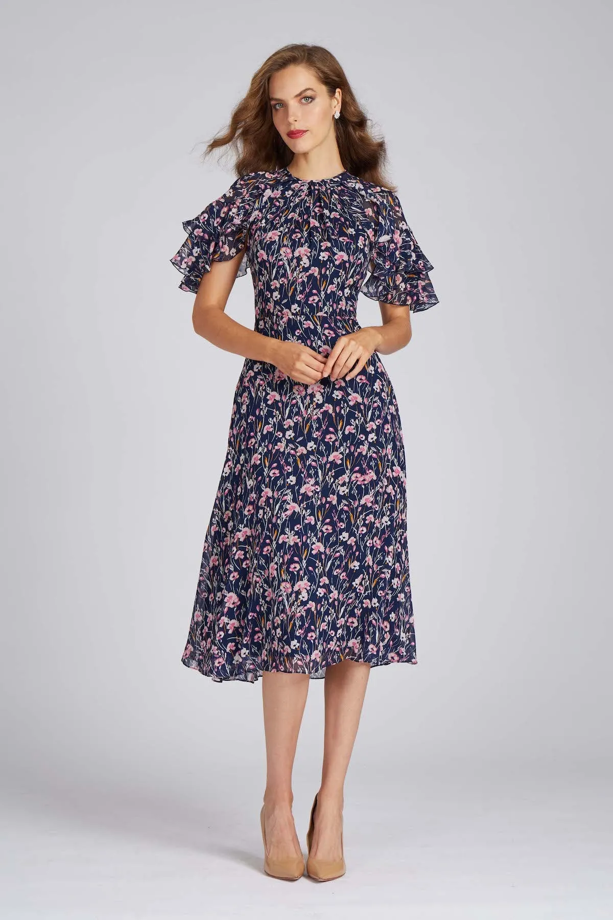 Navy Floral Ruffle Sleeve Chiffon Dress