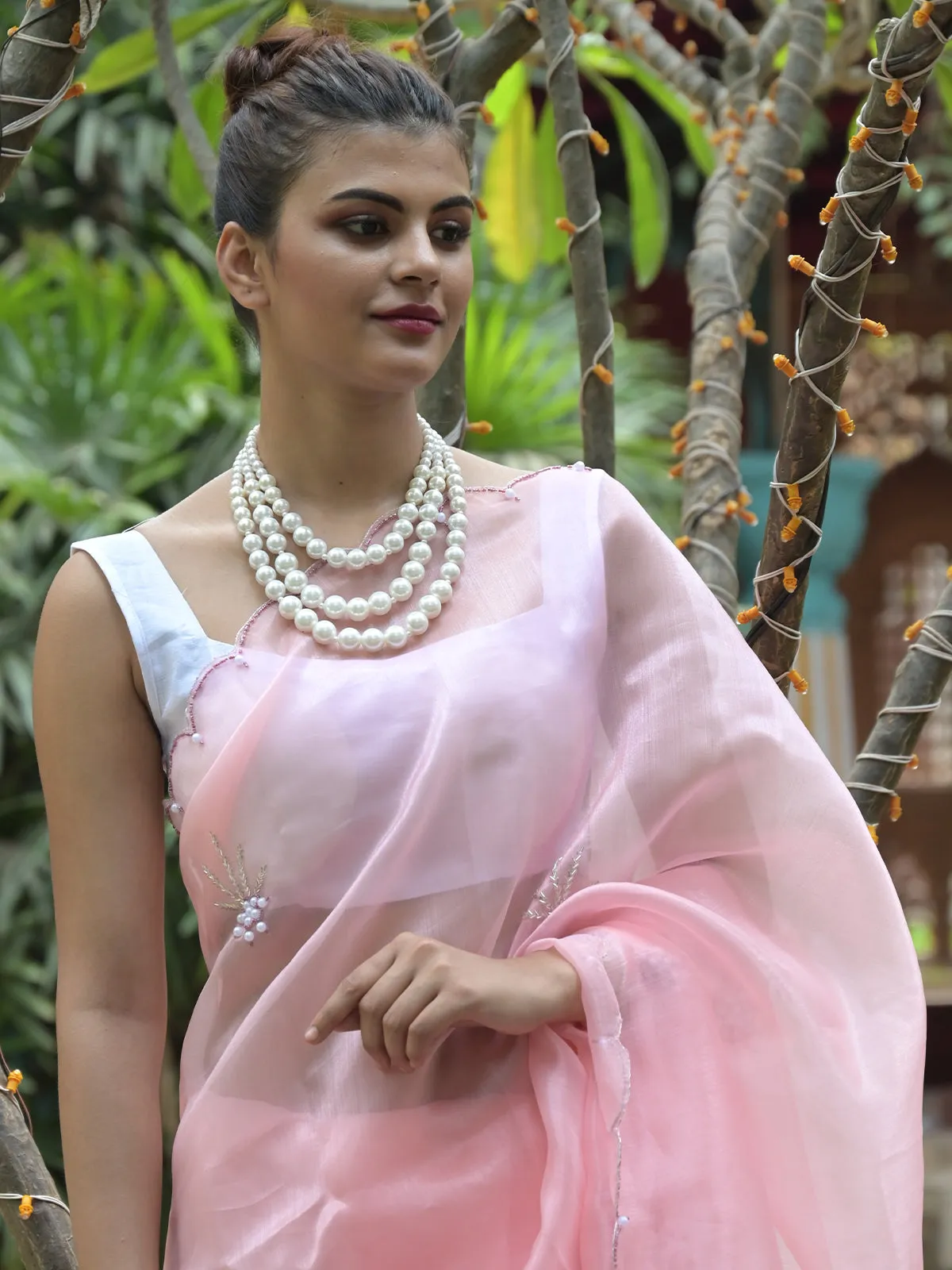 Odette Peach Beads Embroidered Khadi Organza Saree with Unstitched Blouse for Women