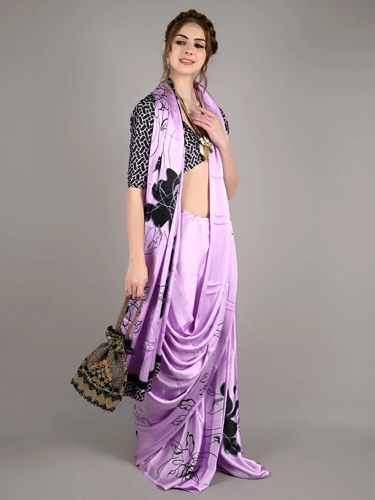 Odette Women Purple Satin Crepe Digital Floral Print Saree With Unstitched Blouse