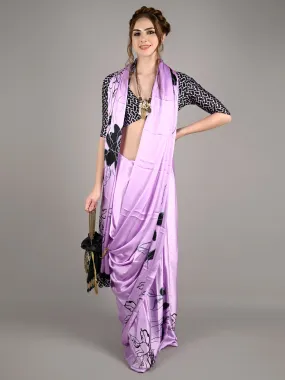 Odette Women Purple Satin Crepe Digital Floral Print Saree With Unstitched Blouse