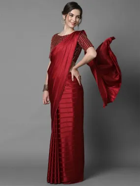 Odette Women Red Casual Georgette And Satin Solid Saree With Unstitched Blouse