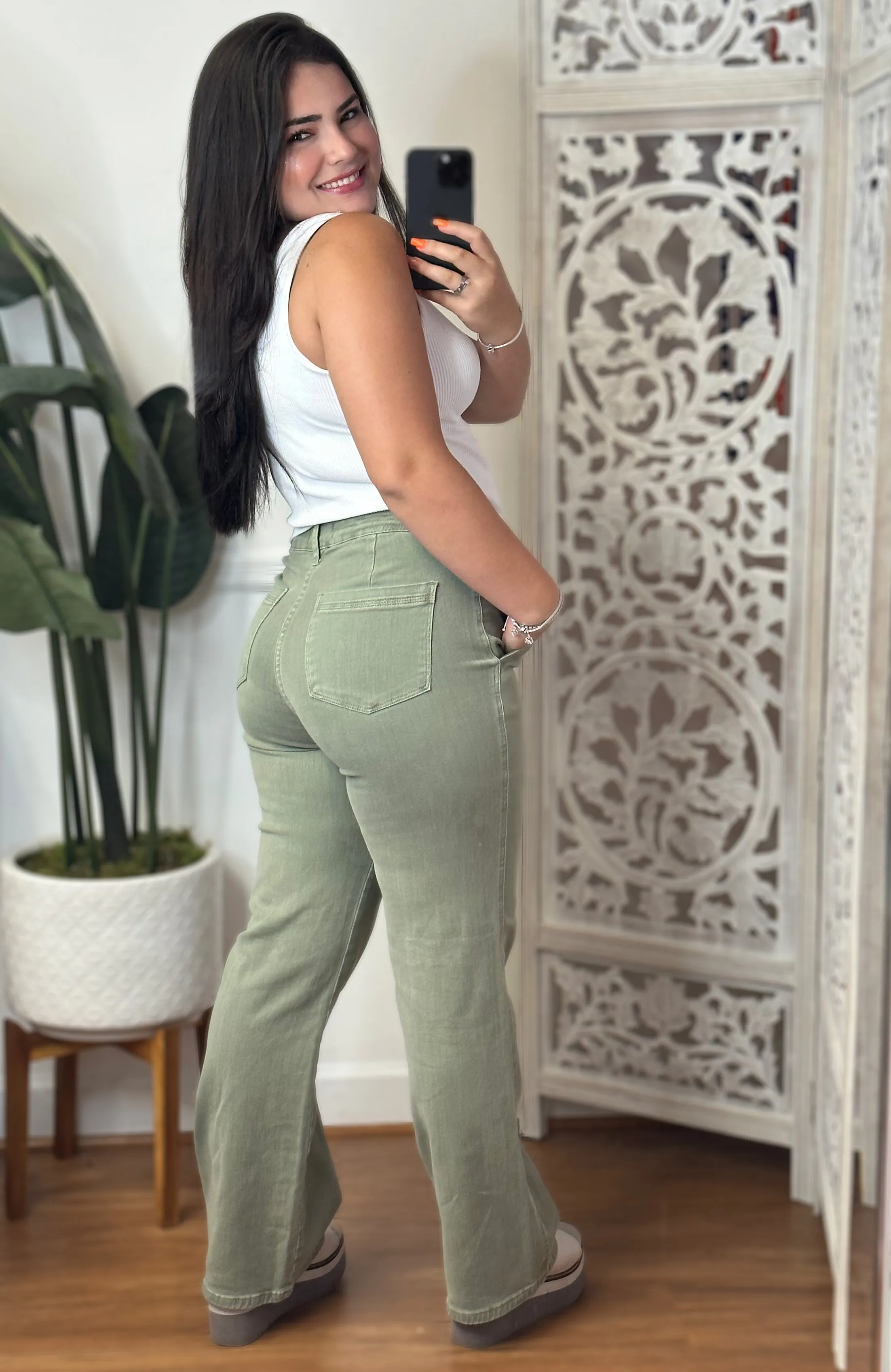 Phoebe High Rise Front Seam Straight Jeans in Sage