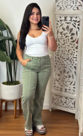 Phoebe High Rise Front Seam Straight Jeans in Sage