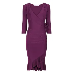 Plum Purple Wrap Effect Cocktail Dress w/ Waterfall Peplum Hem & 3/4 Sleeves