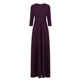 Purple Aubergine V Neck 3/4 Sleeve Maxi Dress