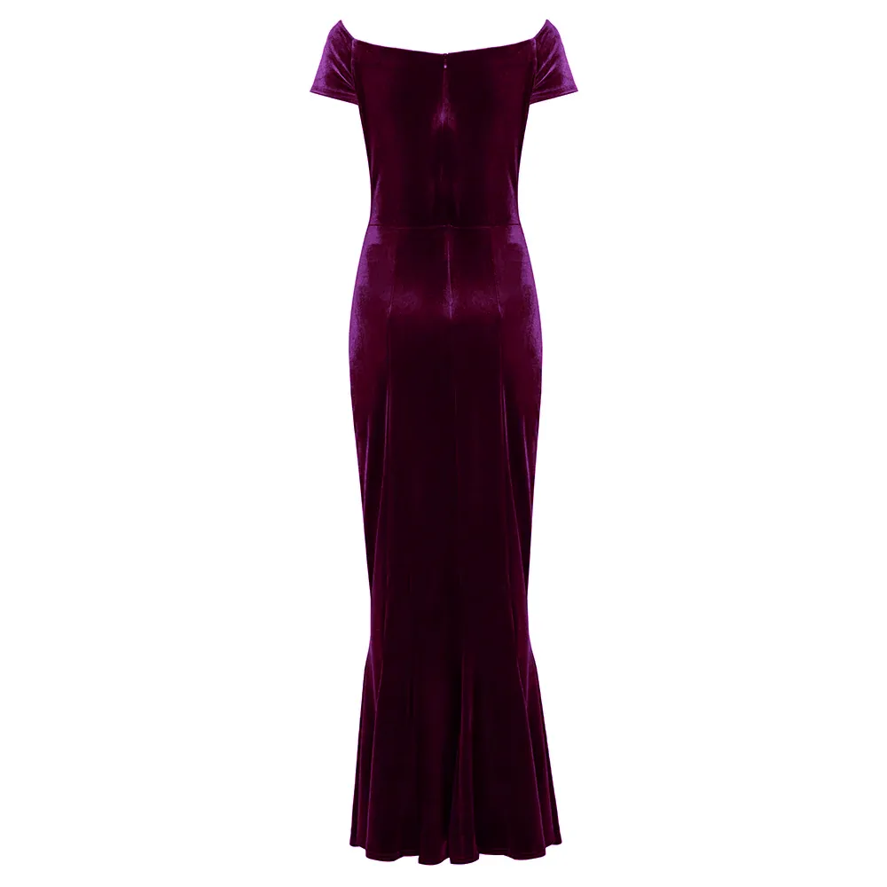 Purple Cap Sleeve Twist Bust Fishtail Hem Velour Maxi Dress