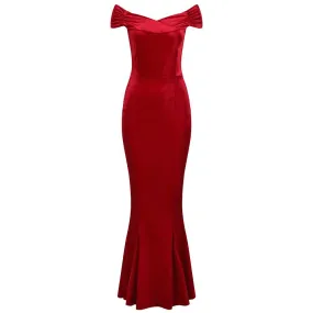 Red Cap Sleeve Crossover Bust Fishtail Hem Velour Maxi Dress