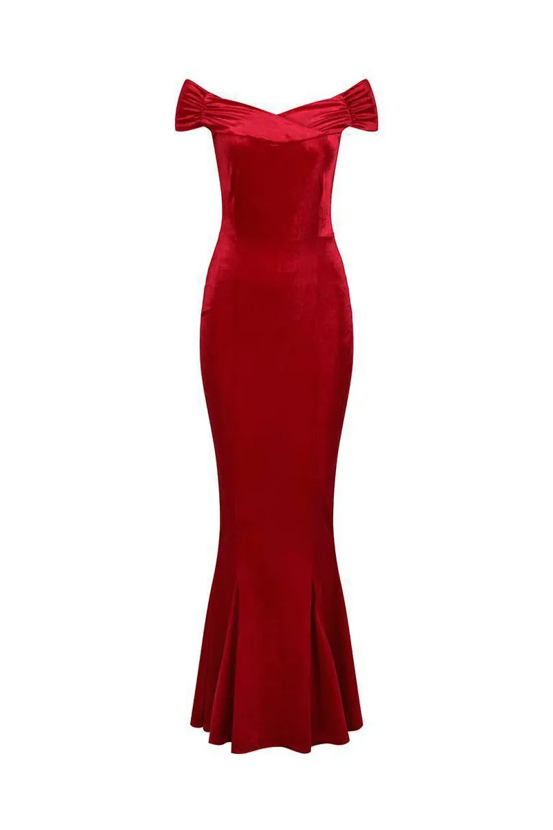 Red Cap Sleeve Crossover Bust Fishtail Hem Velour Maxi Dress