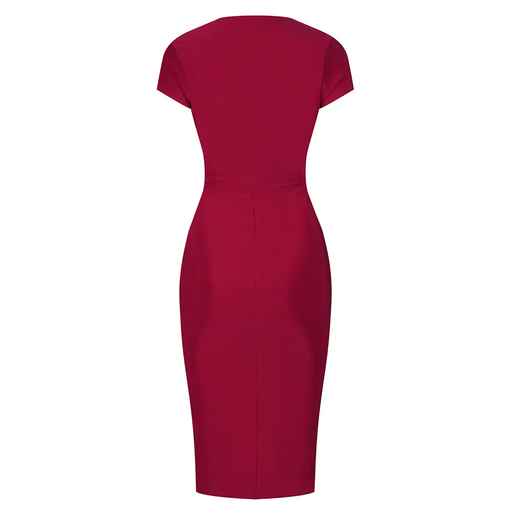 Red V Neck Wrap Effect Cap Sleeve Slinky Midi Cocktail Tie Waist Dress