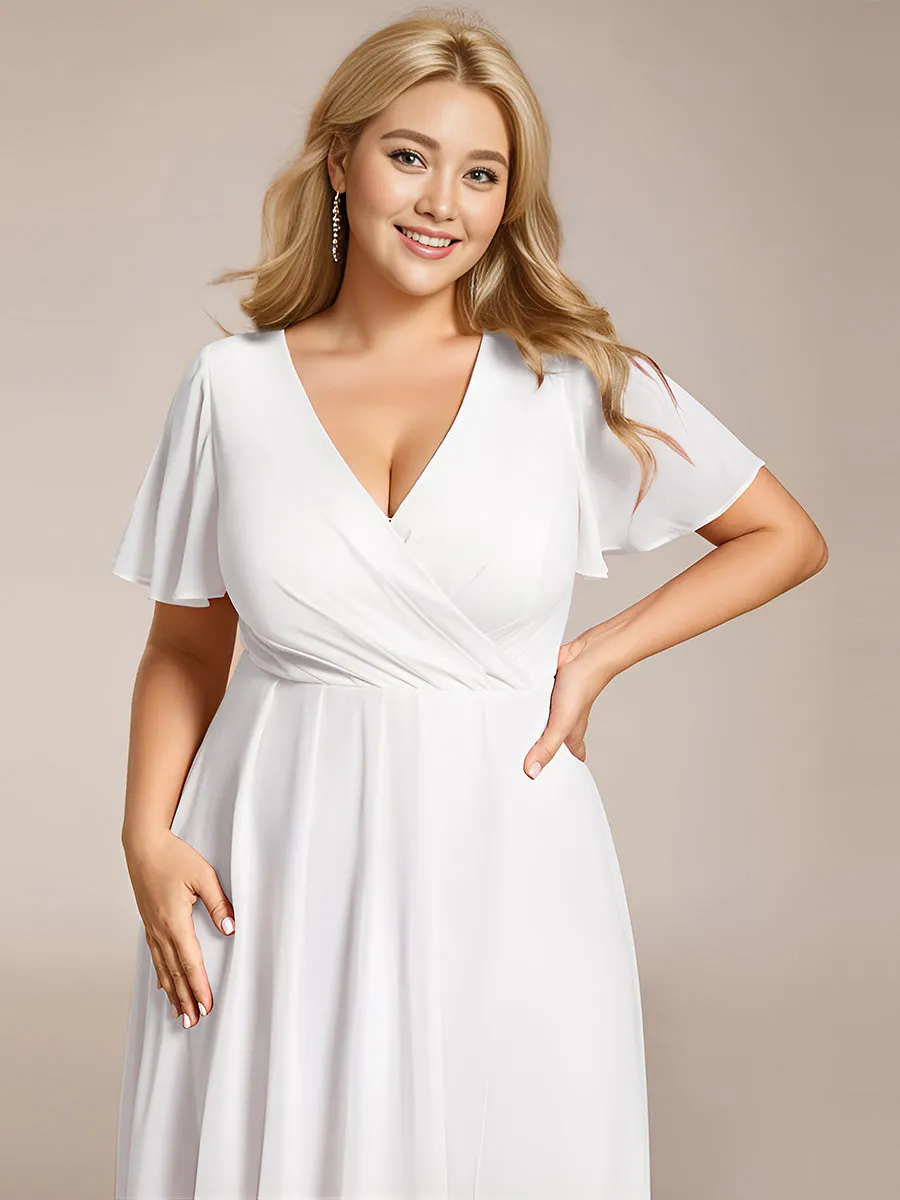 Robe Dinvite De Mariage En Mousseline De Soie Mi-Longue Plissee a Manches a Volants Et Col En V