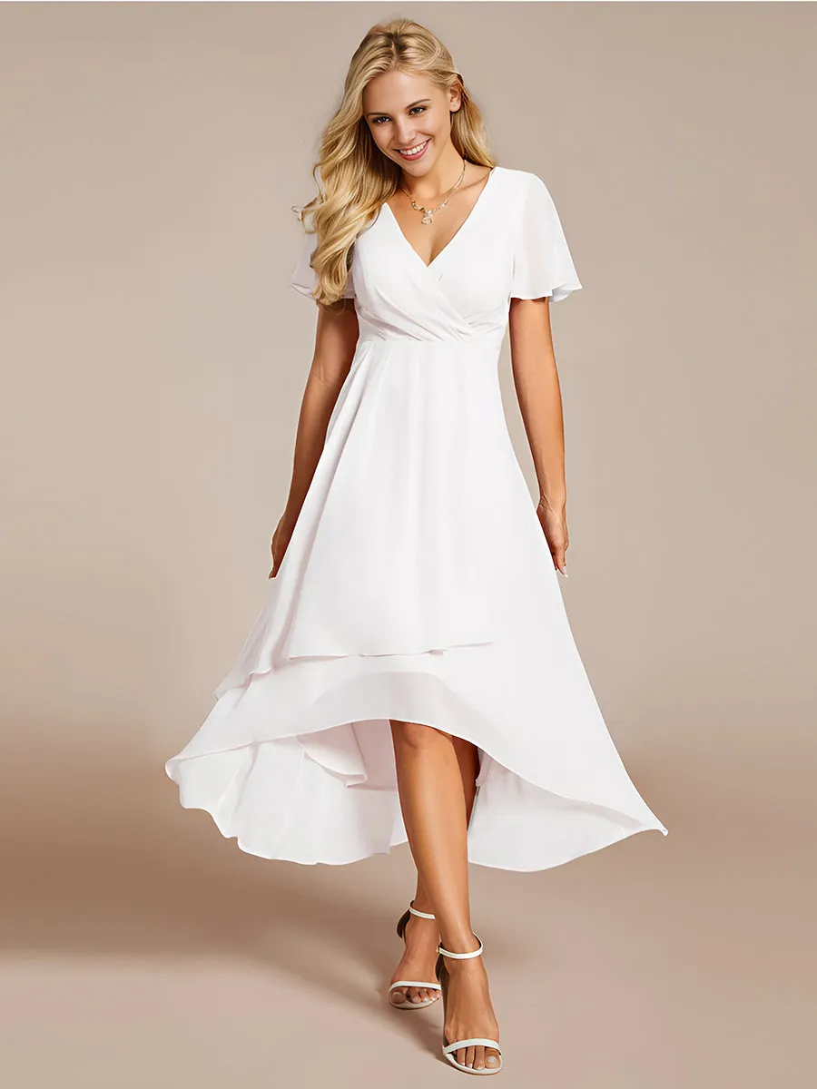 Robe Dinvite De Mariage En Mousseline De Soie Mi-Longue Plissee a Manches a Volants Et Col En V