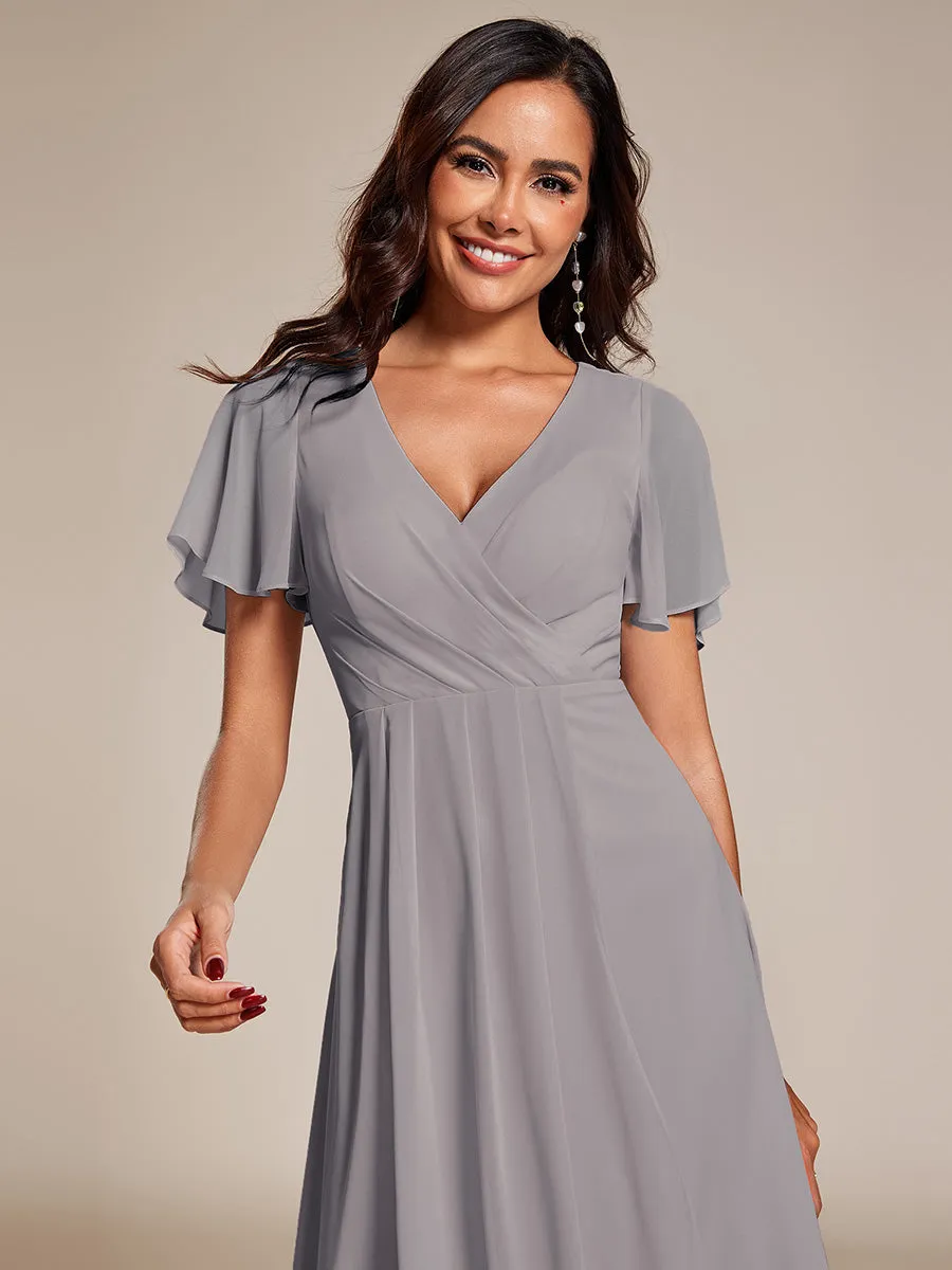 Robe Dinvite De Mariage En Mousseline De Soie Mi-Longue Plissee a Manches a Volants Et Col En V