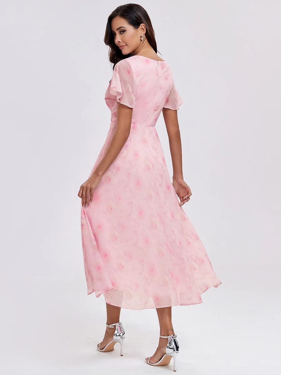 Robe Dinvite De Mariage En Mousseline De Soie Mi-Longue Plissee a Manches a Volants Et Col En V