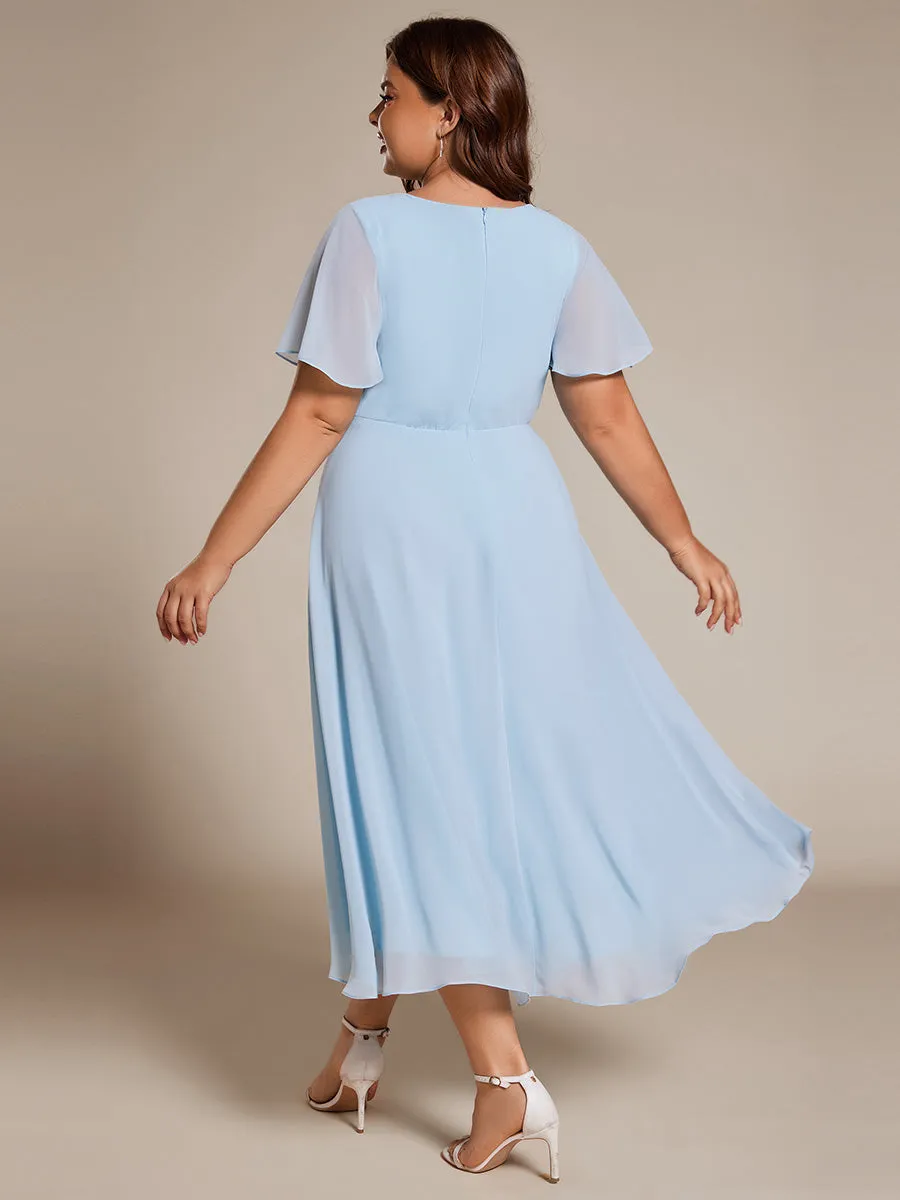 Robe Dinvite De Mariage En Mousseline De Soie Mi-Longue Plissee a Manches a Volants Et Col En V