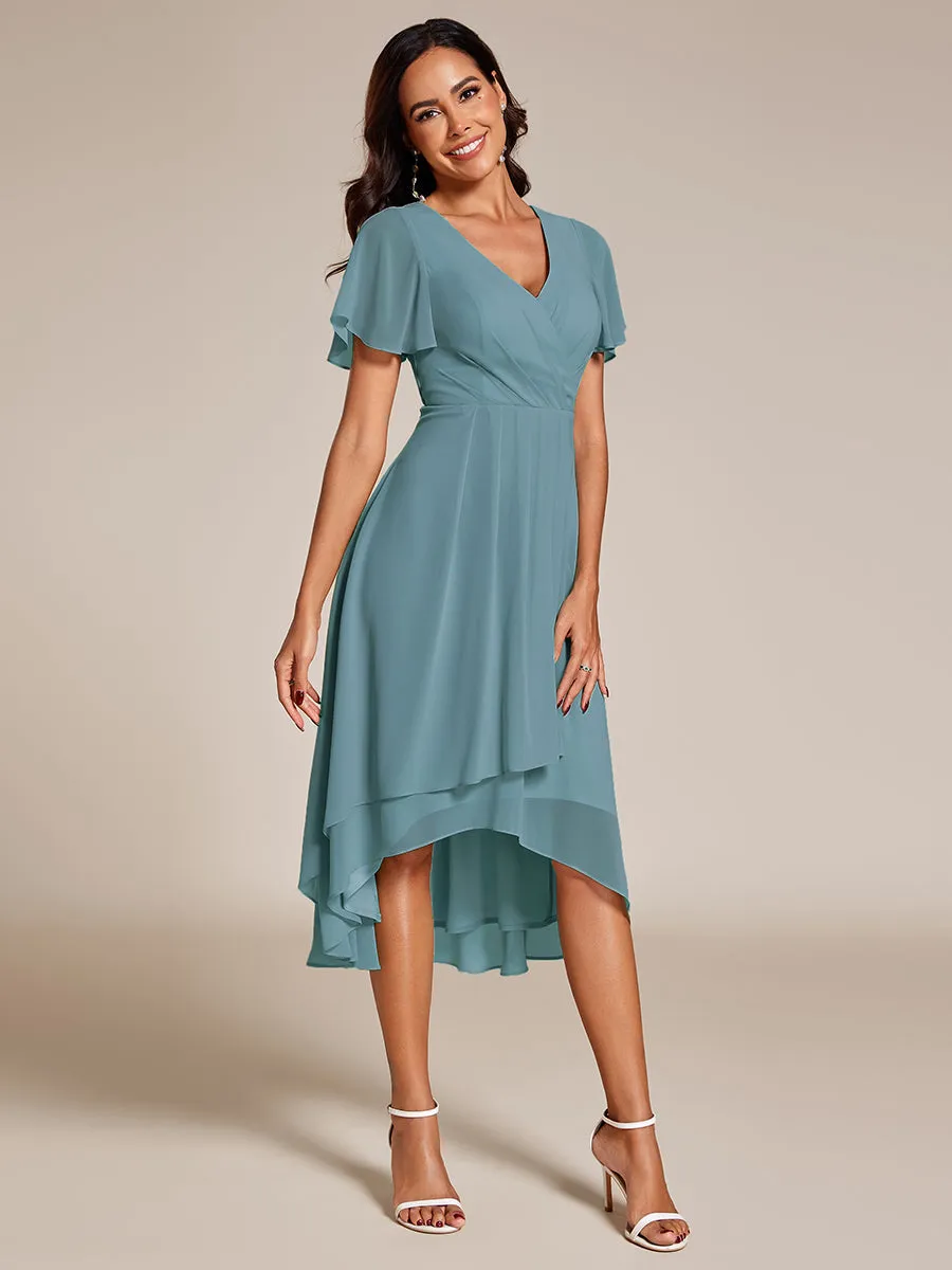 Robe Dinvite De Mariage En Mousseline De Soie Mi-Longue Plissee a Manches a Volants Et Col En V