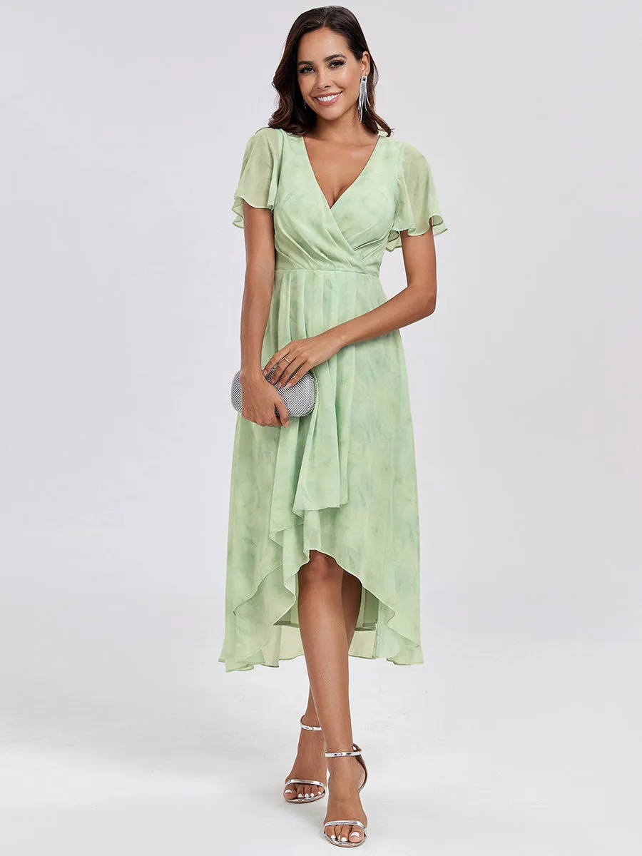 Robe Dinvite De Mariage En Mousseline De Soie Mi-Longue Plissee a Manches a Volants Et Col En V