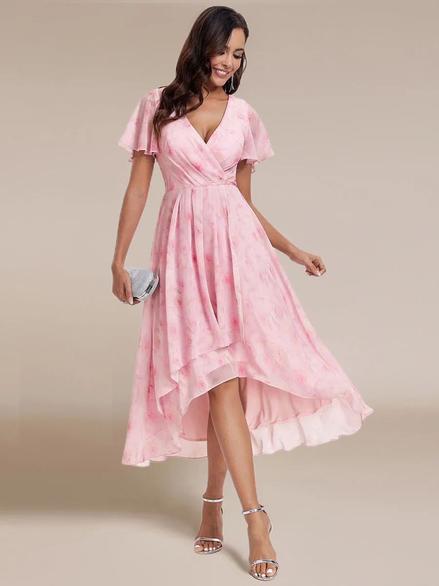 Robe Dinvite De Mariage En Mousseline De Soie Mi-Longue Plissee a Manches a Volants Et Col En V